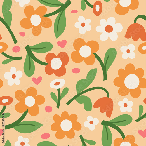 Cute floral vector seamless pattern. Delicate bakcground with hand-drawn flowers and leaves. Colorful botanical illustrationw with abstract elements.
