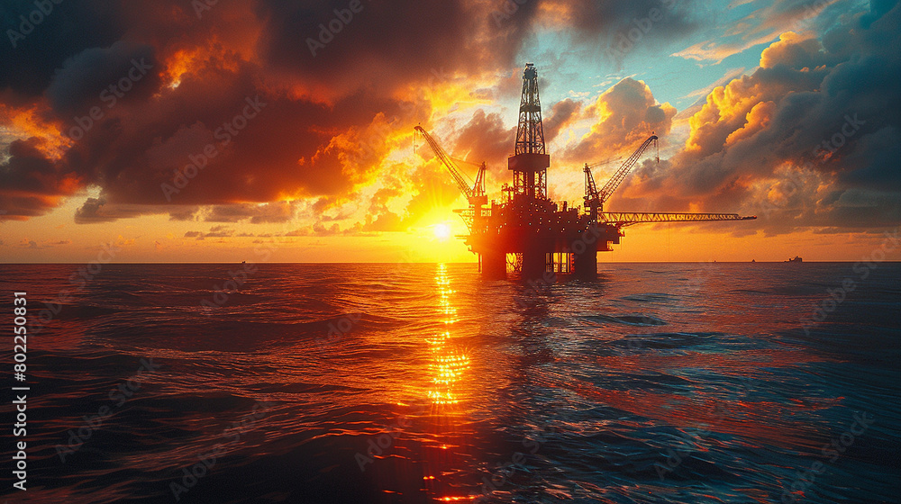 A rugged oil rig silhouetted against a dramatic sunset, showcasing the stark beauty of industrial might in a marine setting