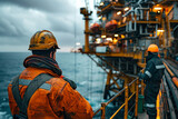 A dramatic scene showing engineers in protective gear inspecting an oil rig, emphasizing human interaction with tough environments