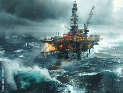 A detailed depiction of an offshore drilling platform amid turbulent sea waves, emphasizing advanced technology and resilience © Oranuch