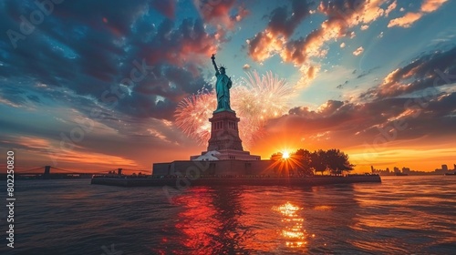 Independence Day Fireworks Behind Statue of Liberty for Patriotic July 4th Postcard