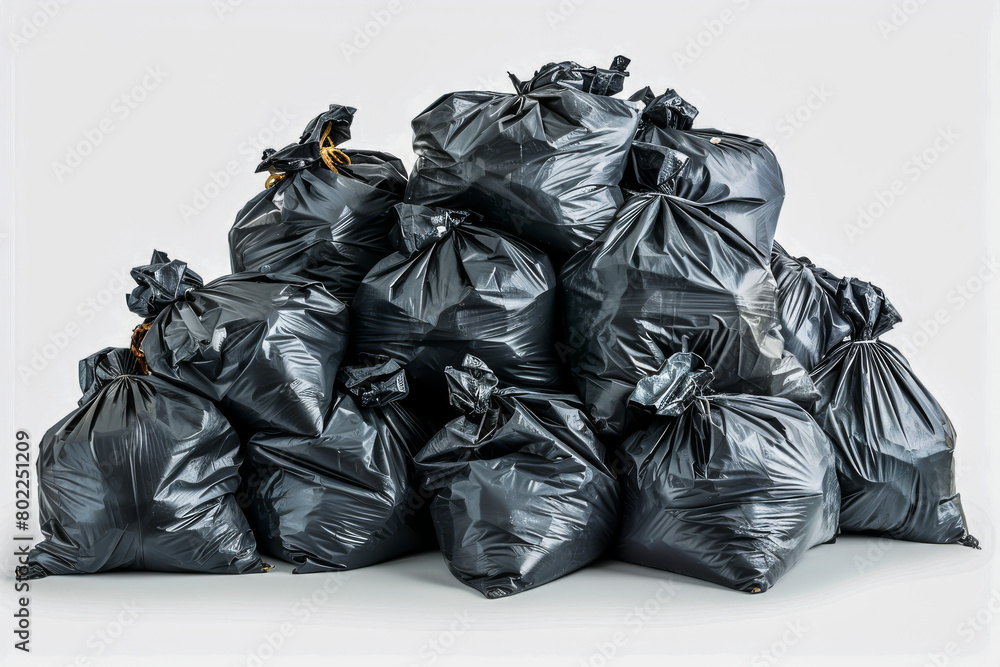 Tall Pile of Trash Bags.  Generated Image.  A digital rendering of a tall pile of black trash bags against a white background.
