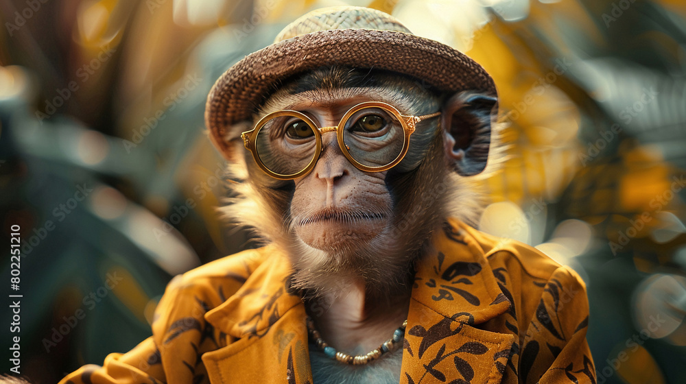 A monkey wearing a hat and glasses is looking at the camera. The monkey is sitting in a lush green jungle setting. The monkey is wearing a yellow jacket with a floral pattern A monkey wearing a hat and glasses is looking at the camera. The monkey is sitting in a lush green jungle setting. The monkey is wearing a yellow jacket with a floral pattern