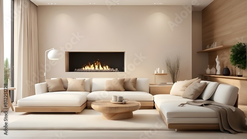  Artistic image depicting a contemporary living area with a beige sofa  warm wooden furnishings  and a white stone fireplace. The scene should have a modern and artistic interpretation  blending eleme
