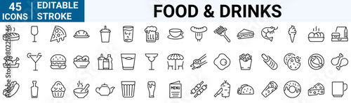 Food and drinks line web icons. Restaurant  Fast food. Burger  donut  pizza  ice cream  coffee. Editable stroke.
