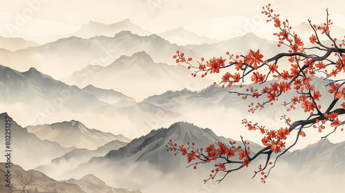 Traditional Asian landscape painting of misty mountains and blooming branches