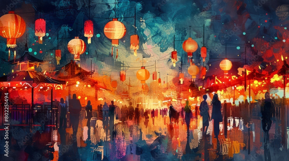 A digital painting of a crowded street market at night. The market is lit by colorful lanterns and the people are all wearing traditional Chinese clothing. A digital painting of a crowded street market at night. The market is lit by colorful lanterns and the people are all wearing traditional Chinese clothing.