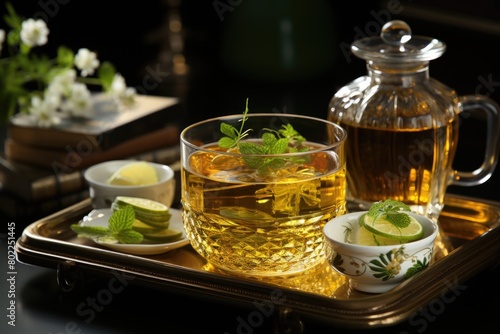 Green Tea or coffee in cup on tray with lemon slices