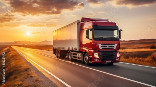 Overtaking trucks on an asphalt road in a rural landscape at sunset