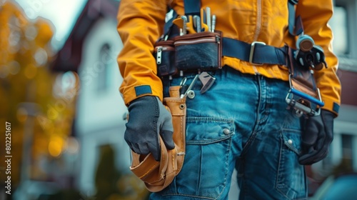 Maintenance worker with bag and tools kit wearing on waist