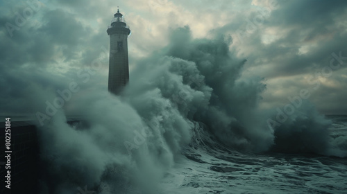 An iconic lighthouse standing tall amidst crashing waves and a dramatic cloudy sky