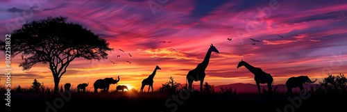Mesmerizing Silhouettes of Majestic Giraffes in a Vibrant Sunset Landscape of the African Savanna © pisan thailand