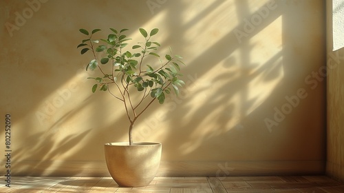 Background with small plant in front of taupe wall, dramatic lighting, AI-generative 