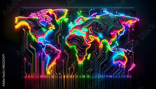 a circuit board with an artistic representation of a world map, where the continents are highlighted with glowing orange lights. This design emphasizes digital connectivity and technological advanceme photo