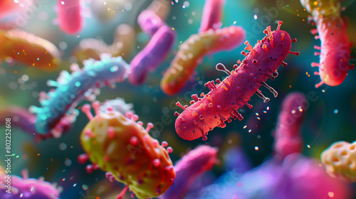 Exploring the gut microbiome in 3D detail scientists observe the interactions of countless bacteria crucial for digestion and health in vivid microscopic clarity. Generative ai.