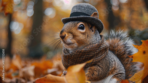 A squirrel wearing a hat and scarf is sitting on a pile of fallen leaves. The squirrel is looking at the camera with a curious expression