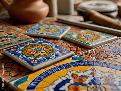 This ethnic folk ceramic tile with a beautiful floral ornament. Traditional decor of Portugal and Spain. Mediterranean porcelain pottery