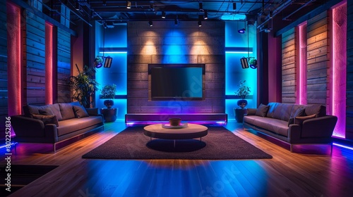 Modern TV stage set with blue and purple lighting for an evening talk show scene