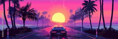 A car driving down a road with palm trees on both sides and  the sun setting in the background.