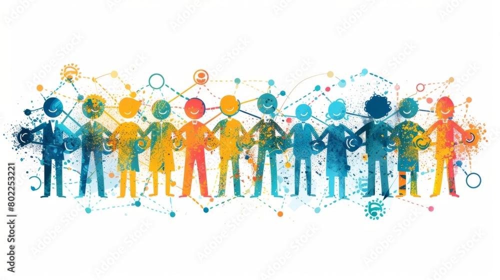 A group of diverse people holding hands in a line with watercolor splashes A group of diverse people holding hands in a line with watercolor splashes