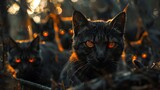 Ferocious felines emerge from the dark forest, their eyes aglow with a fiery orange intensity, foreboding atmosphere.