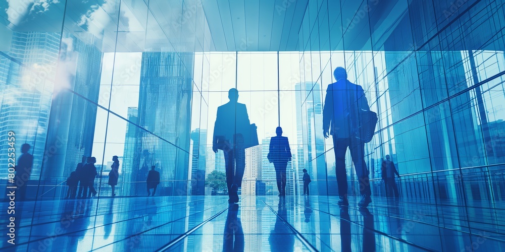 Business people walking in a glass corridor with reflections of city skyscrapers and dynamic lighting Business people walking in a glass corridor with reflections of city skyscrapers and dynamic lighting