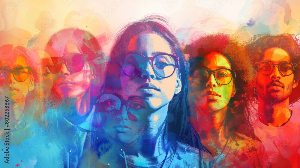 A group of diverse people wearing glasses, with a focus on a young woman in the center. The background is a colorful abstract.