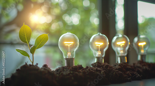 Light Bulbs and Young Plant Growing in Soil, Conceptual Sustainability photo
