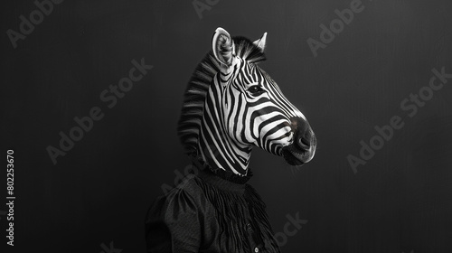 A zebra in a graphic  monochrome dress  illustrating contrast and elegance  minimalist studio