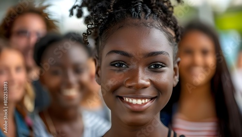 Group Portrait of Diverse Friends with Smiling African Teenage Girl. Concept Friendship, Diversity, Smiling, Teenagers, Group Portrait © Anastasiia