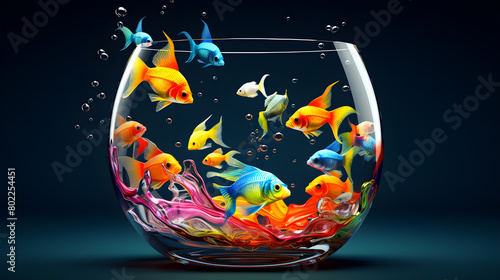 Colorful fish scenes in different styles in a glass jar