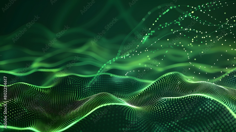 Abstract green particle background. Flow wave with dot landscape. Digital data structure. Future mesh or sound grid. Pattern point visualization. Technology vector illustration. Abstract green particle background. Flow wave with dot landscape. Digital data structure. Future mesh or sound grid. Pattern point visualization. Technology vector illustration.