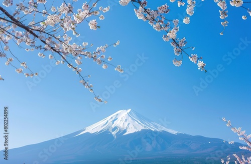 Mount Fuji framed by cherry blossoms under a clear blue sky in Japan.