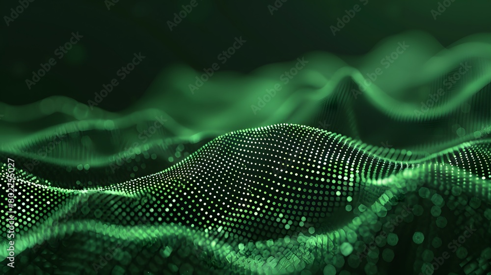 Abstract green particle background. Flow wave with dot landscape. Digital data structure. Future mesh or sound grid. Pattern point visualization. Technology vector illustration. Abstract green particle background. Flow wave with dot landscape. Digital data structure. Future mesh or sound grid. Pattern point visualization. Technology vector illustration.