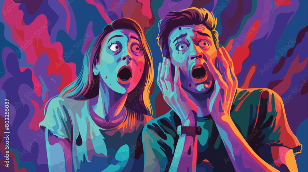 Afraid young couple on color background Vector illustration