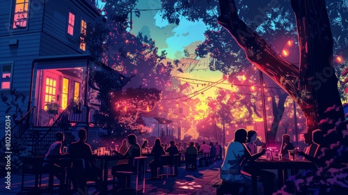 A group of people are sitting at a bar enjoying a summer evening. The sun is setting and the sky is ablaze with color. The trees are lush and green and the flowers are in bloom.