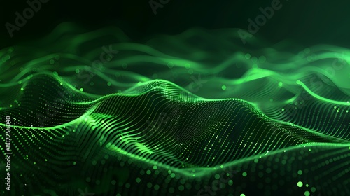 Abstract green particle background. Flow wave with dot landscape. Digital data structure. Future mesh or sound grid. Pattern point visualization. Technology vector illustration.