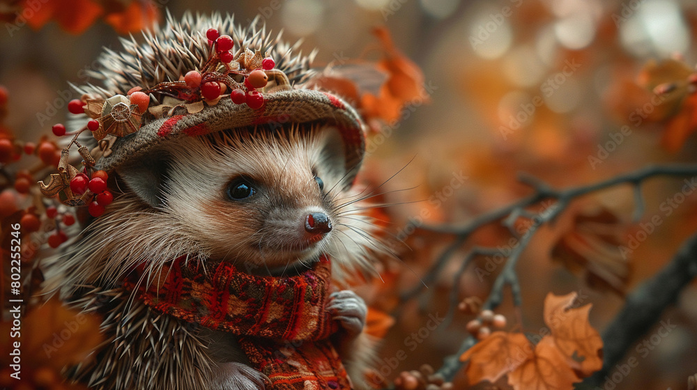 Fototapeta premium A hedgehog in a cute, avantgarde ensemble, blending innocence with high fashion elegance, amidst an autumnal scene