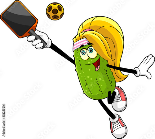 Cute Pickle Girl Cartoon Character Playing Pickleball. Vector Hand Drawn Illustration Isolated On Transparent Background