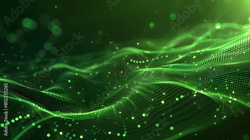 Abstract green particle background. Flow wave with dot landscape. Digital data structure. Future mesh or sound grid. Pattern point visualization. Technology vector illustration.