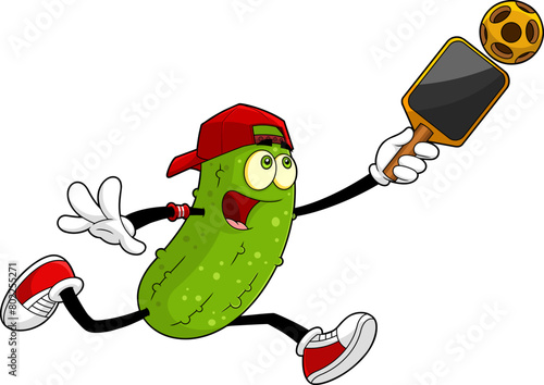 Funny Pickle Cartoon Character Playing Pickleball. Vector Hand Drawn Illustration Isolated On Transparent Background