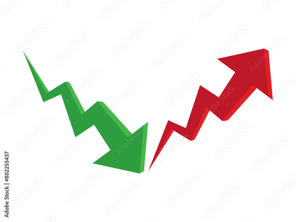 Graph going Up and Down sign with green and red arrows vector. Flat design vector illustration concept of sales bar chart symbol icon with arrow moving down and sales bar chart with arrow moving up. Graph going Up and Down sign with green and red arrows vector. Flat design vector illustration concept of sales bar chart symbol icon with arrow moving down and sales bar chart with arrow moving up.