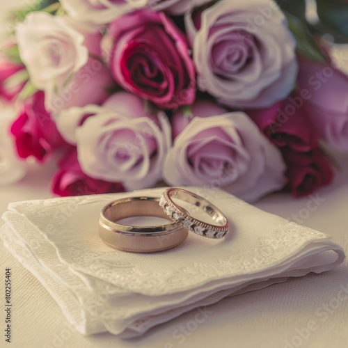 Wedding rings lie on a beautiful napkin next to a bouquet of pink and red roses