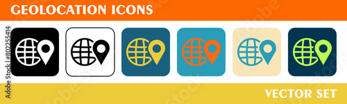 Geolocation icons set. 6 style icons with various colors. For sign, symbol, web design or web graphics. 