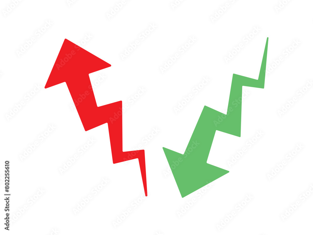 Graph going Up and Down sign with green and red arrows vector. Flat design vector illustration concept of sales bar chart symbol icon with arrow moving down and sales bar chart with arrow moving up. Graph going Up and Down sign with green and red arrows vector. Flat design vector illustration concept of sales bar chart symbol icon with arrow moving down and sales bar chart with arrow moving up.