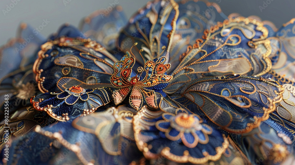 Naklejka premium Exquisite blue butterfly wings with gems on a gray background