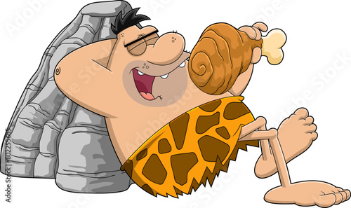 Happy Caveman Cartoon Character Eating Meat. Vector Hand Drawn Illustration Isolated On Transparent Background