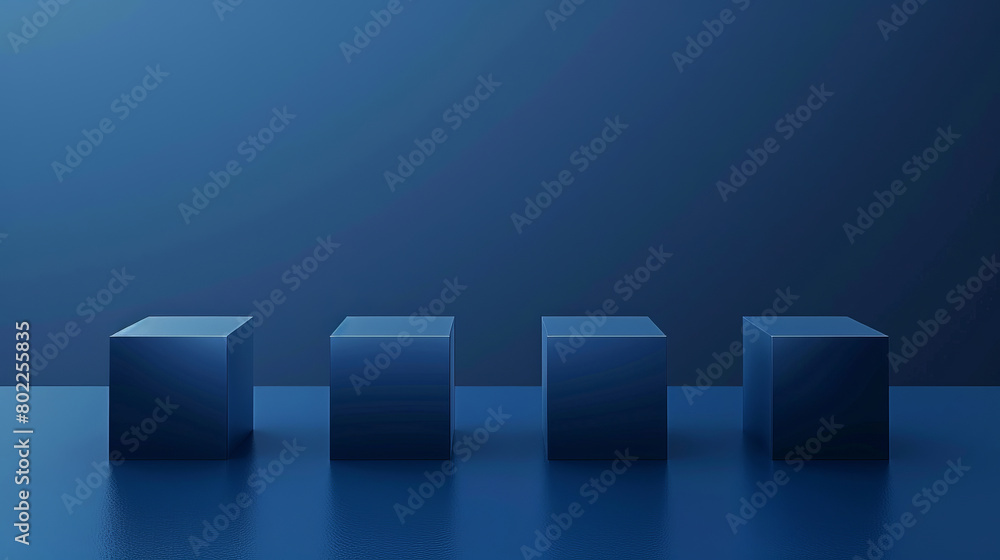 Minimalist blue cubes on a reflective surface in modern setting Minimalist blue cubes on a reflective surface in modern setting