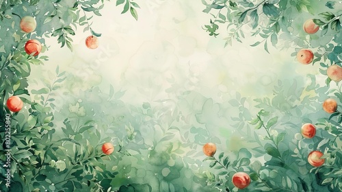 Illustrate a whimsical birds-eye view of a peach orchard  with lush green foliage and clusters of ripe fruit  using watercolor techniques to infuse a dreamy  ethereal quality