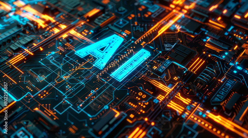 Futuristic circuit board with neon lights and AI concept © standret